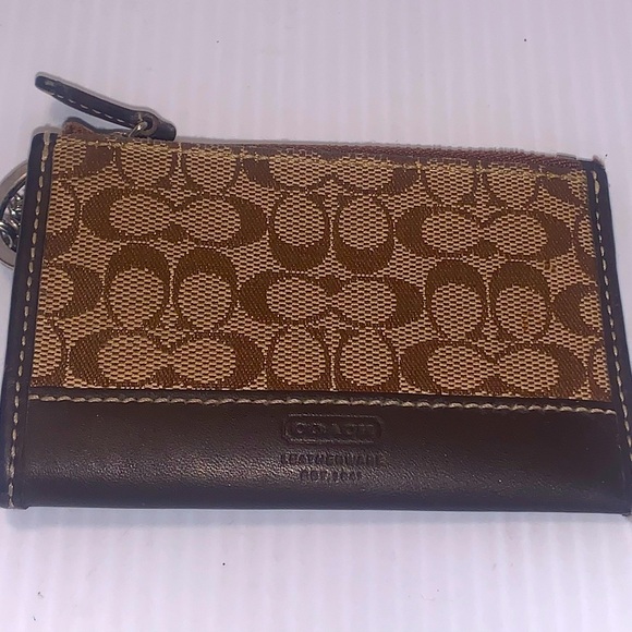 Coach Handbags - Coach Signature Jacquard Card ID Holder Key Chain Leather Trim 3x4.5"